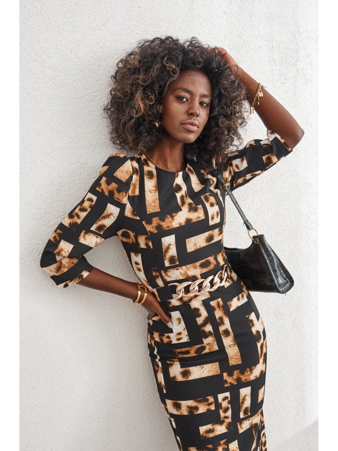 Fitted animal print dress, black and beige 03034 - Online store - Boutique